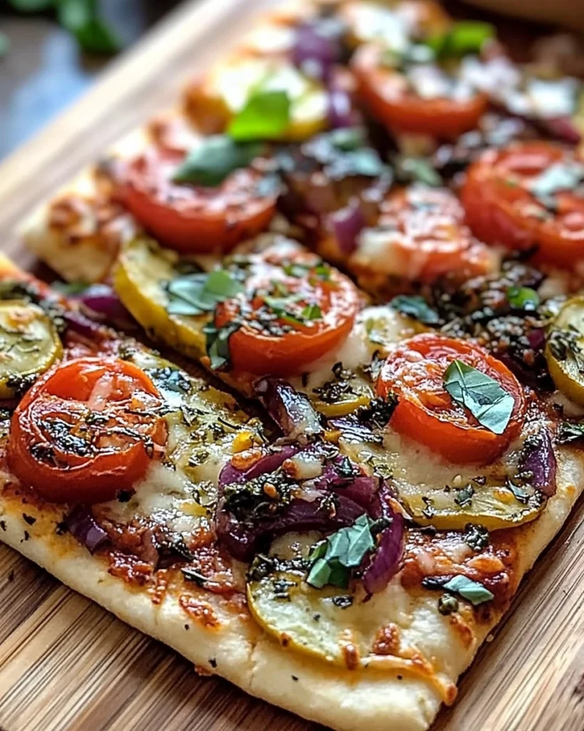 Mediterranean flatbread pizza topped with feta, olives, and tomatoes on a wooden board