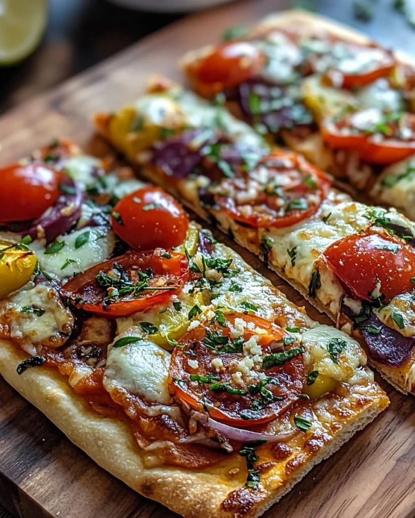 Mediterranean flatbread pizza topped with feta, olives, and tomatoes on a wooden board