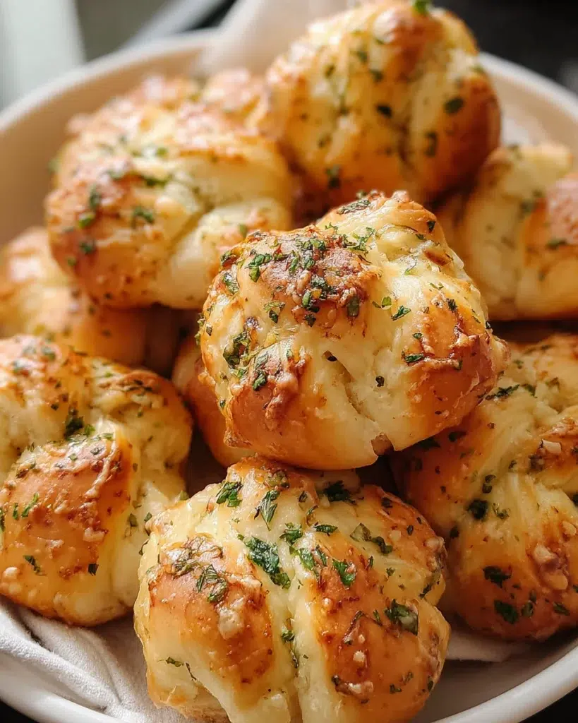 Freshly baked garlic knots brushed with butter and garlic in a basket