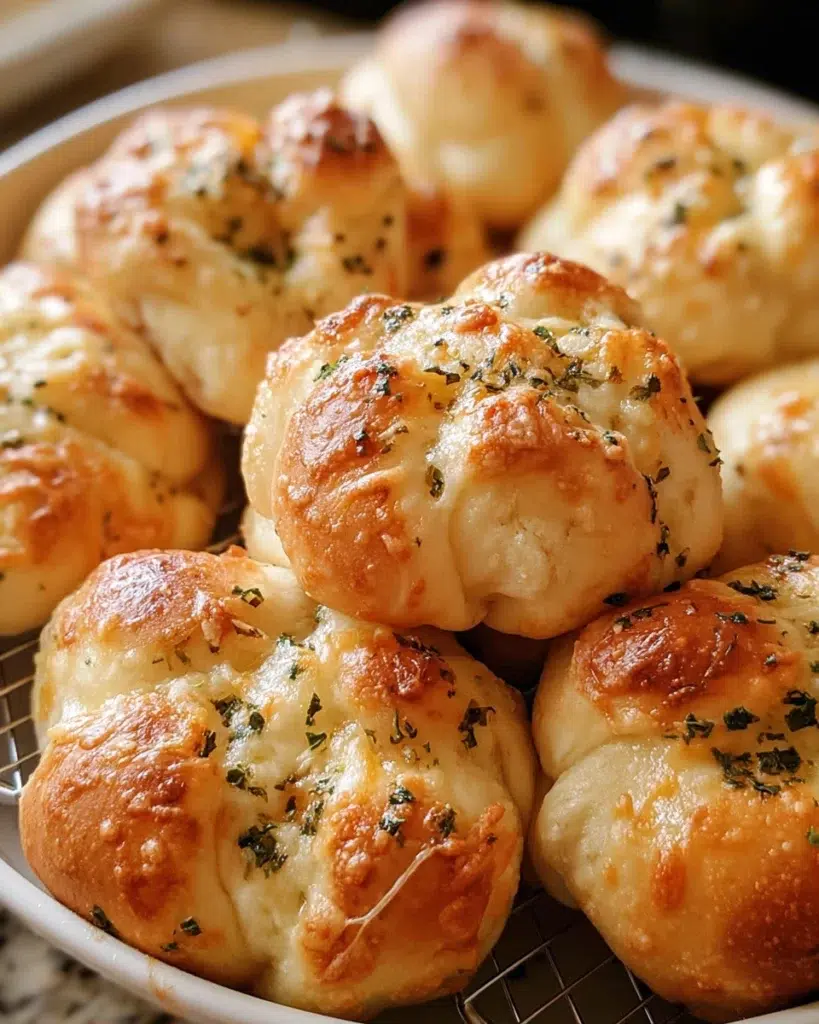 Freshly baked garlic knots brushed with butter and garlic in a basket