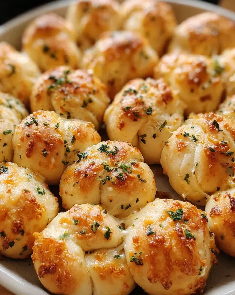 Freshly baked garlic knots brushed with butter and garlic in a basket