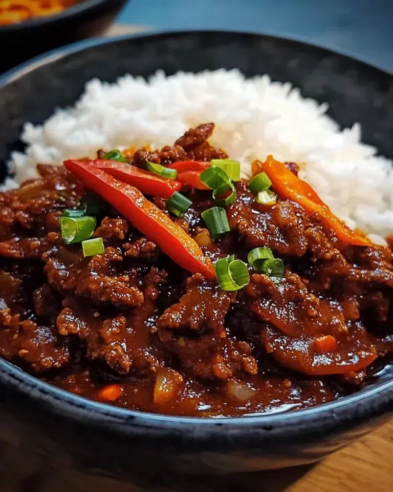 Bowl of Ultimate Hearty Beef Chili & Rice with cilantro and lime garnish