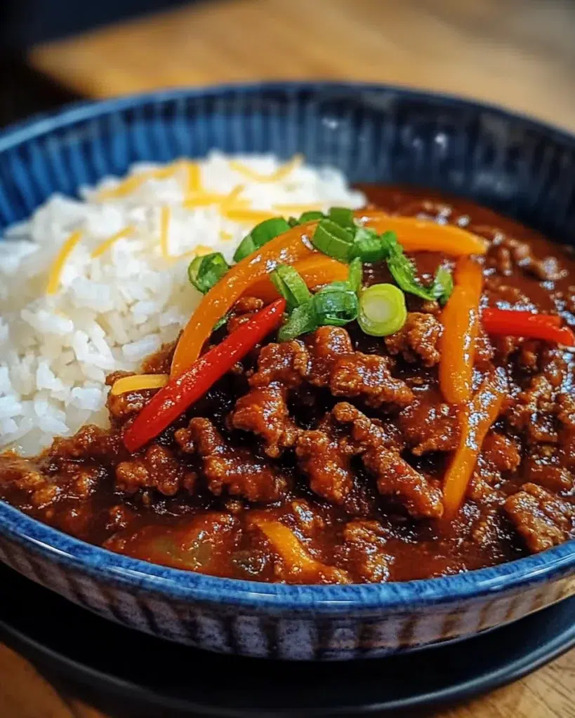 Bowl of Ultimate Hearty Beef Chili & Rice with cilantro and lime garnish