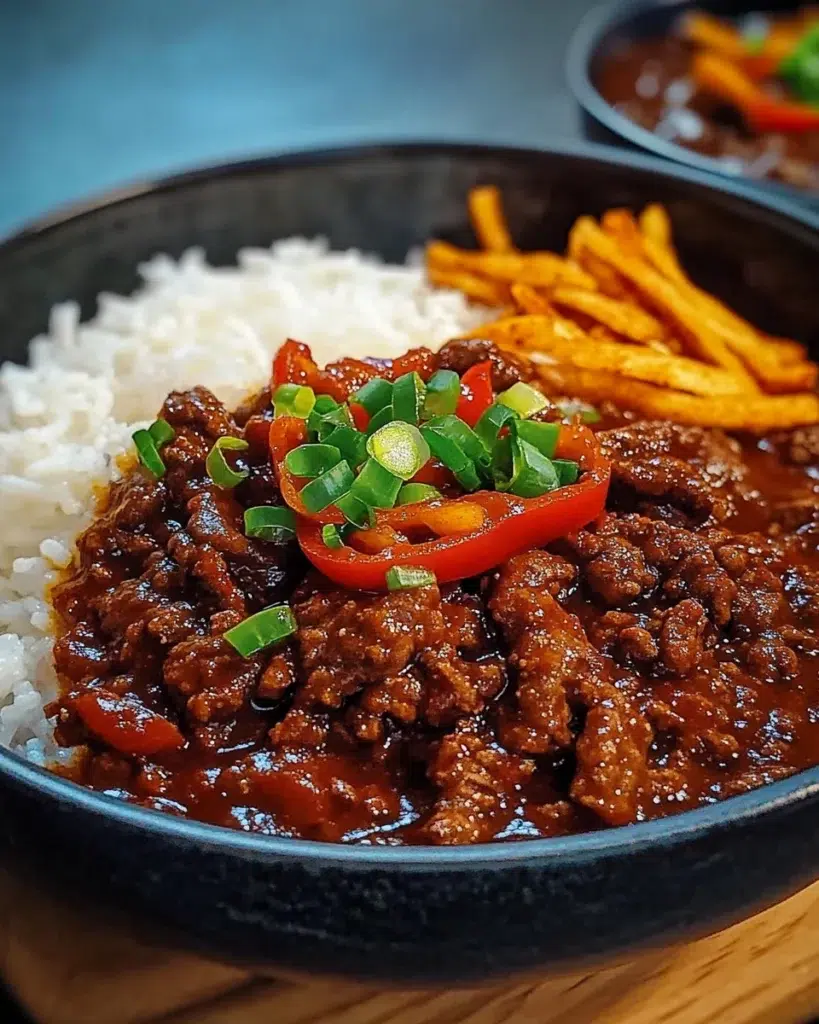 Bowl of Ultimate Hearty Beef Chili & Rice with cilantro and lime garnish