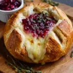 Baked Brie in Bread Bowl with Cranberry Sauce and Thyme 8 Baked brie in bread bowl with cranberry sauce and thyme served on a rustic wooden table