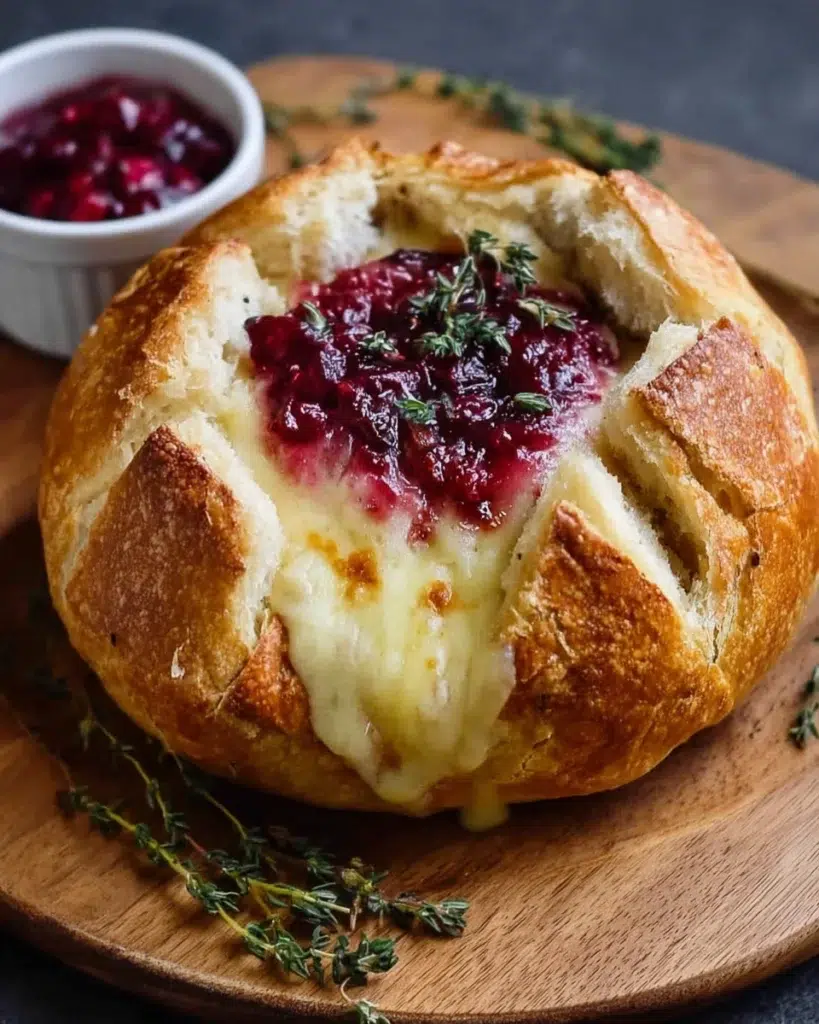 Baked brie in bread bowl with cranberry sauce and thyme served on a rustic wooden table