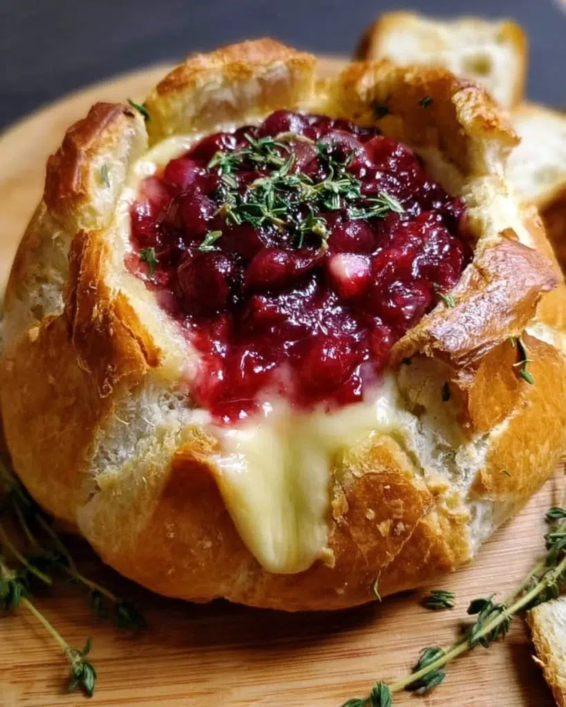 Baked brie in bread bowl with cranberry sauce and thyme served on a rustic wooden table