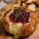 Baked brie in bread bowl with cranberry sauce and thyme served on a rustic wooden table