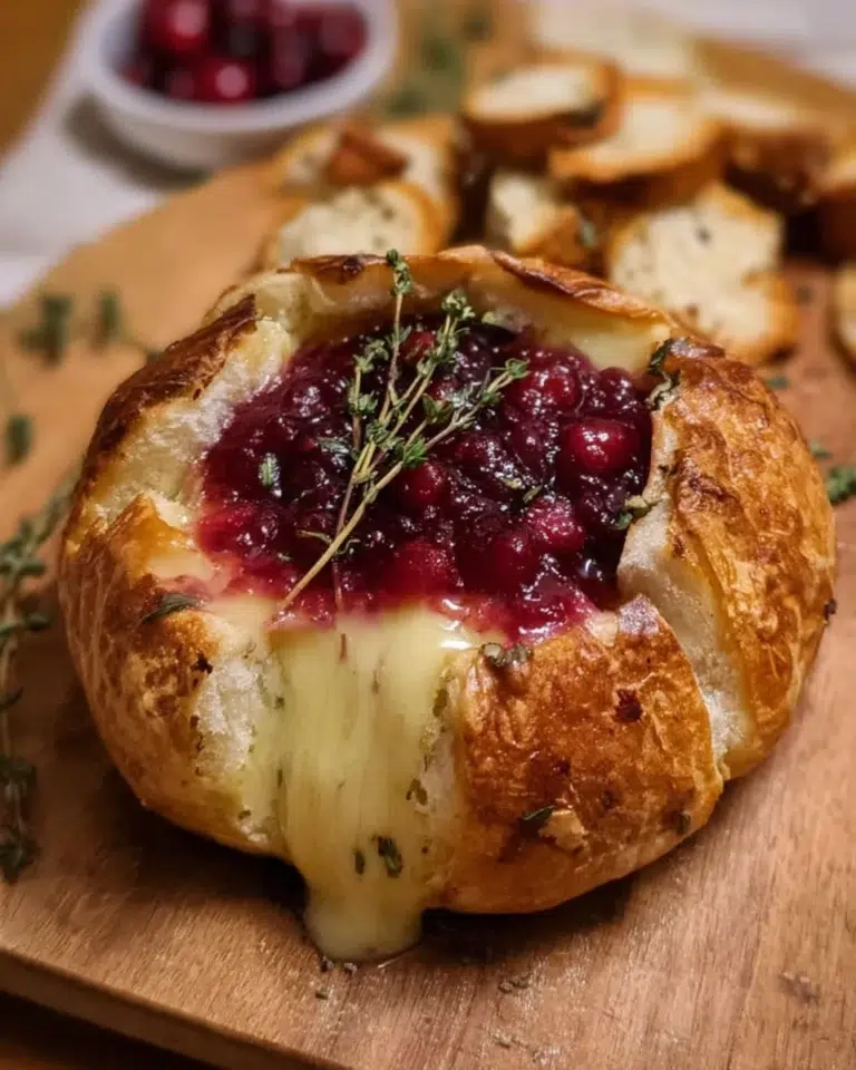 Baked brie in bread bowl with cranberry sauce and thyme served on a rustic wooden table
