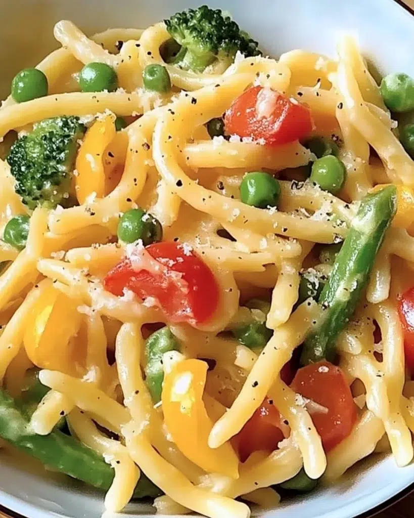 Fresh pasta primavera with colorful vegetables in a white bowl garnished with basil and Parmesan cheese
