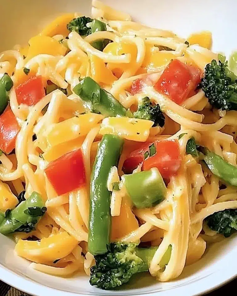Fresh pasta primavera with colorful vegetables in a white bowl garnished with basil and Parmesan cheese