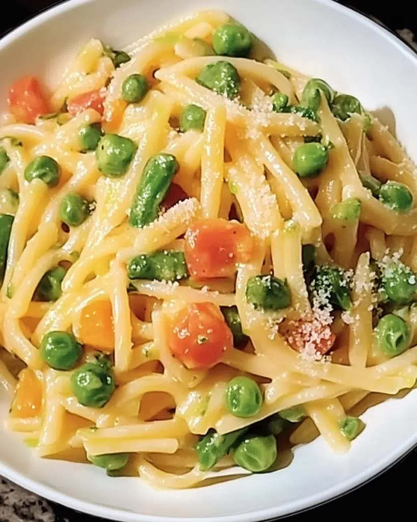 Fresh pasta primavera with colorful vegetables in a white bowl garnished with basil and Parmesan cheese