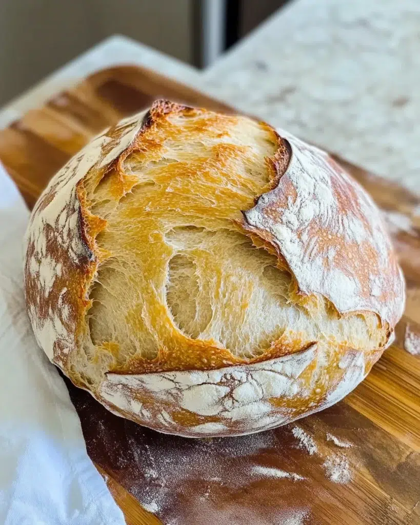 Golden crusty artisan bread on a wooden board