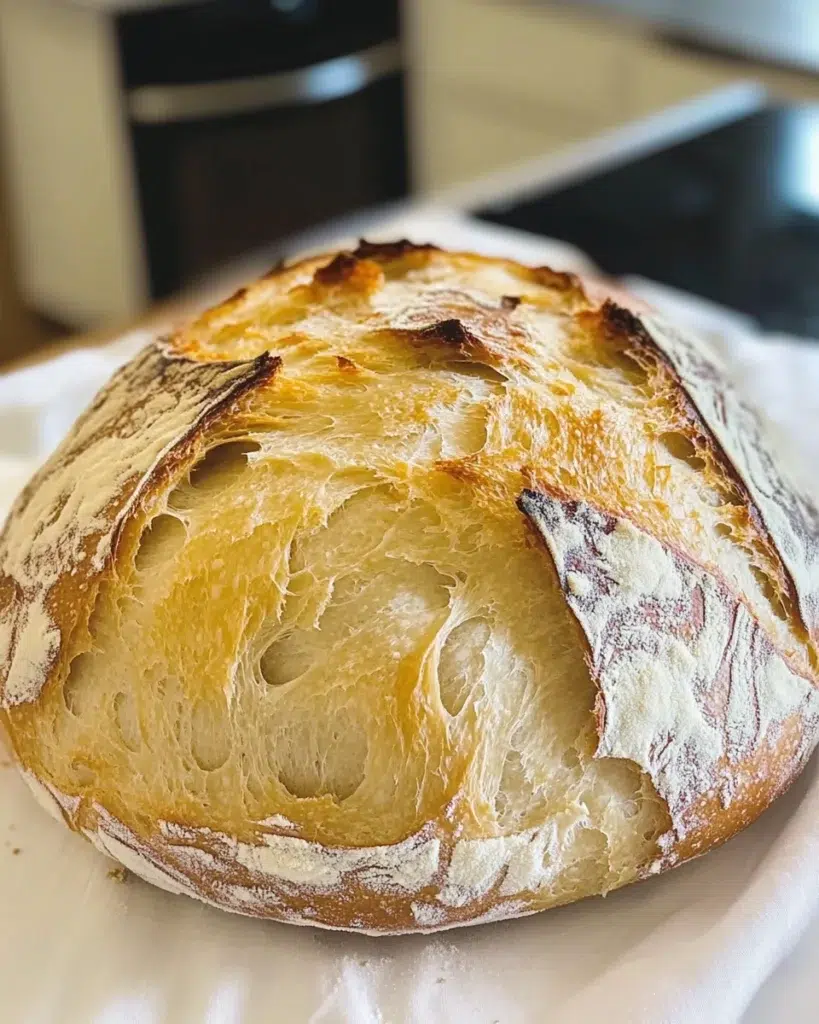 Golden crusty artisan bread on a wooden board