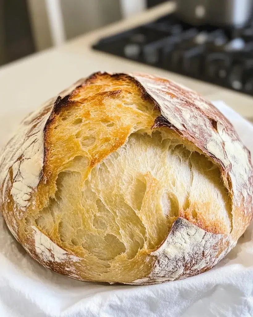 Golden crusty artisan bread on a wooden board