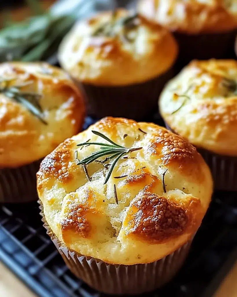 Garlic rosemary focaccia muffins in a rustic basket, golden brown with fresh herbs.