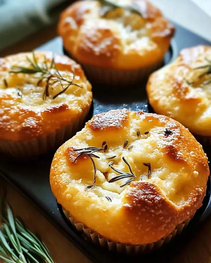 Garlic rosemary focaccia muffins in a rustic basket, golden brown with fresh herbs.