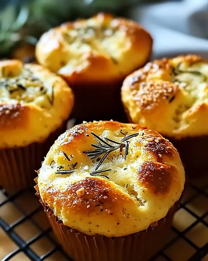 Garlic rosemary focaccia muffins in a rustic basket, golden brown with fresh herbs.