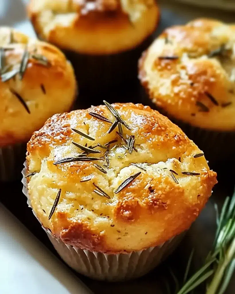Garlic rosemary focaccia muffins in a rustic basket, golden brown with fresh herbs.