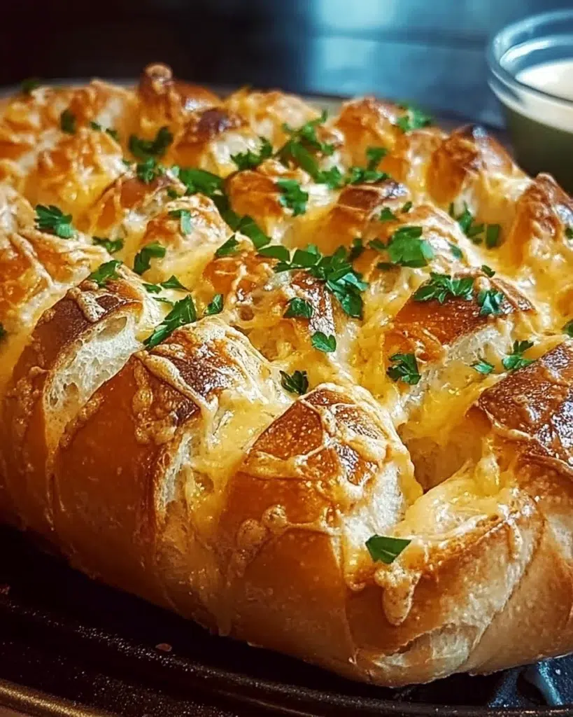 Golden cheesy pull-apart bread with garlic and herbs on a wooden table