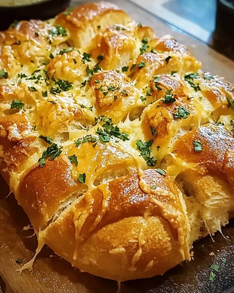 Golden cheesy pull-apart bread with garlic and herbs on a wooden table