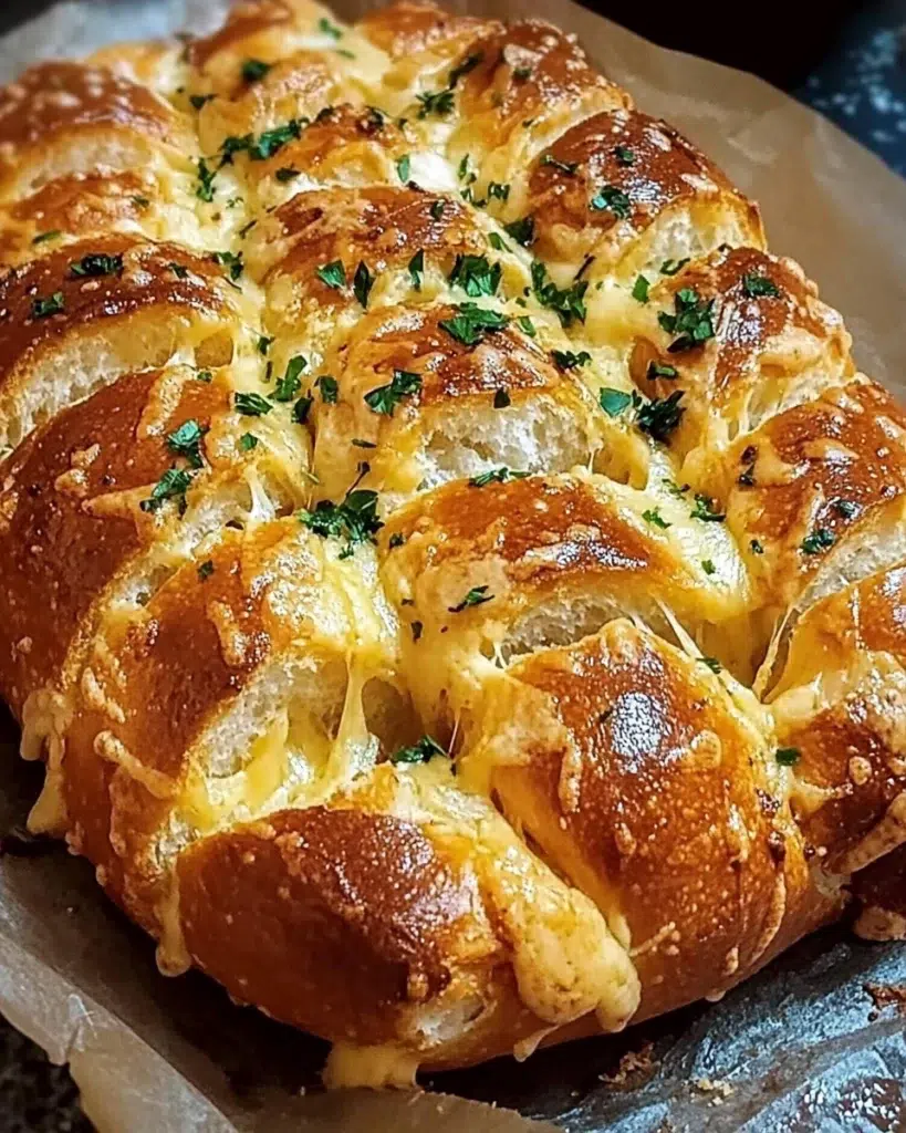 Golden cheesy pull-apart bread with garlic and herbs on a wooden table