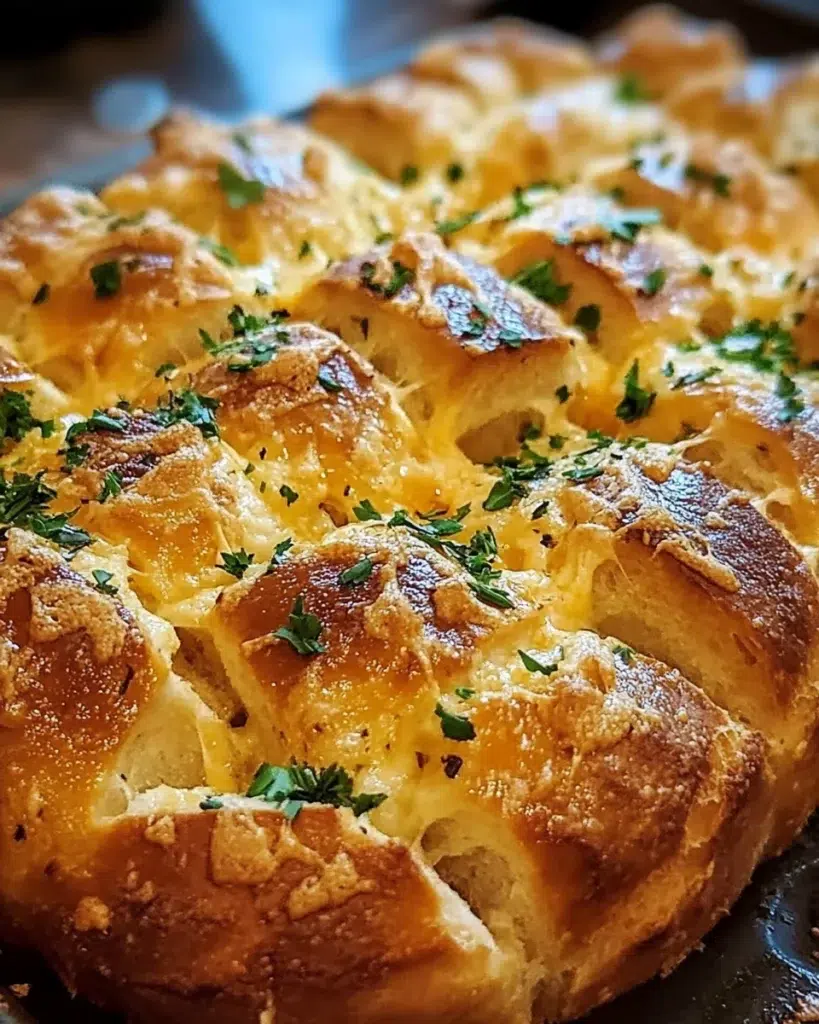 Golden cheesy pull-apart bread with garlic and herbs on a wooden table