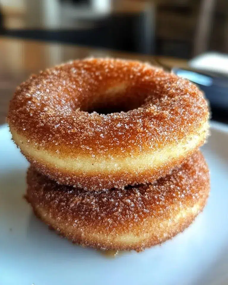 Rustic baked apple cider donuts coated in cinnamon sugar, served warm on a rustic wooden board with a cup of cider.