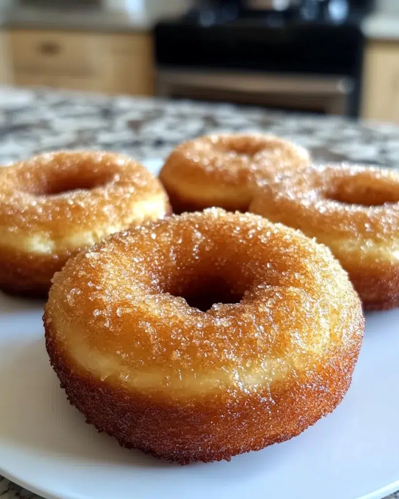 Rustic baked apple cider donuts coated in cinnamon sugar, served warm on a rustic wooden board with a cup of cider.