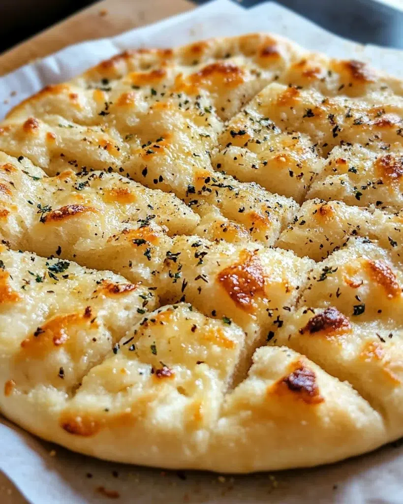 Soft and golden garlic Parmesan focaccia bread with rosemary in a white ceramic pan