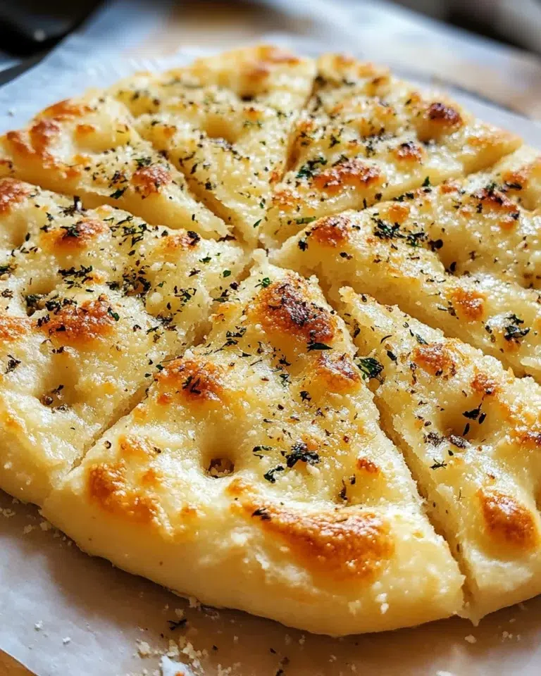 Soft and golden garlic Parmesan focaccia bread with rosemary in a white ceramic pan