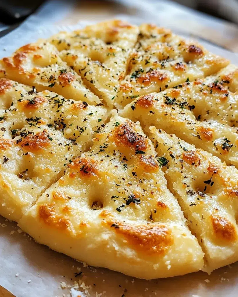 Soft and golden garlic Parmesan focaccia bread with rosemary in a white ceramic pan