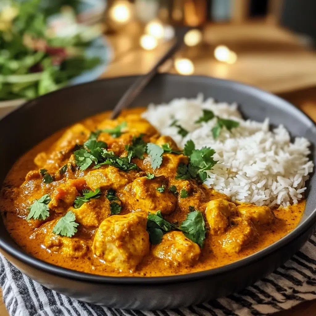 Creamy pumpkin spice chicken curry with fresh cilantro in a white bow