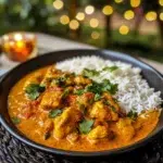 Creamy pumpkin spice chicken curry with fresh cilantro in a white bow
