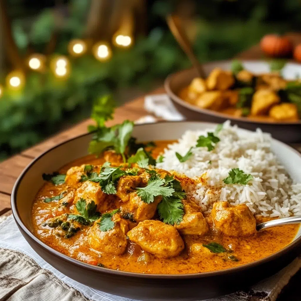 Creamy pumpkin spice chicken curry with fresh cilantro in a white bow