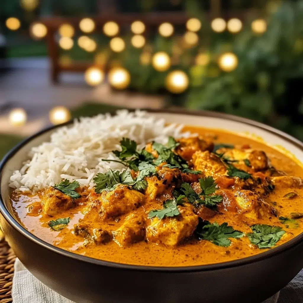 Creamy pumpkin spice chicken curry with fresh cilantro in a white bow