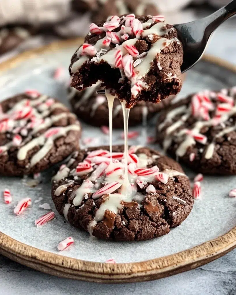 Cozy Christmas table scene with a stack of festive chocolate peppermint cookies on a white plate, candy canes scattered, soft holiday lights in the background.