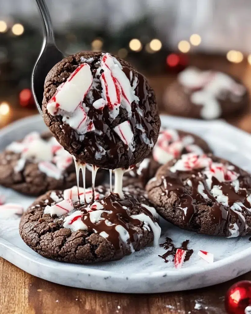 Cozy Christmas table scene with a stack of festive chocolate peppermint cookies on a white plate, candy canes scattered, soft holiday lights in the background.