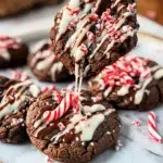 Festive Chocolate Peppermint Cookies – Easy Holiday Recipe 8 Cozy Christmas table scene with a stack of festive chocolate peppermint cookies on a white plate, candy canes scattered, soft holiday lights in the background.