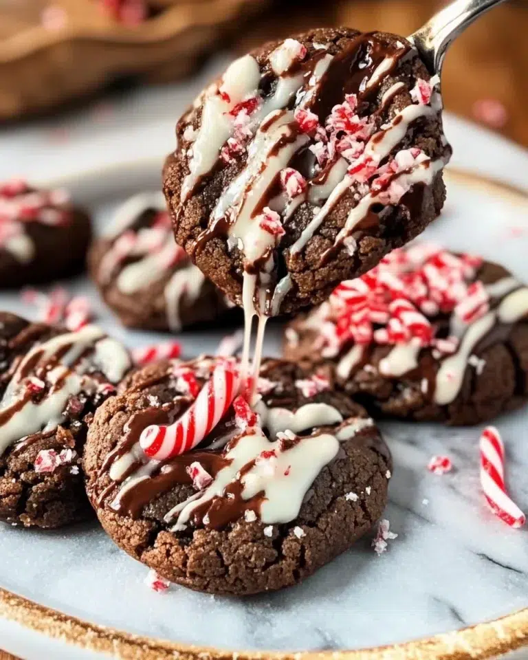 Cozy Christmas table scene with a stack of festive chocolate peppermint cookies on a white plate, candy canes scattered, soft holiday lights in the background.