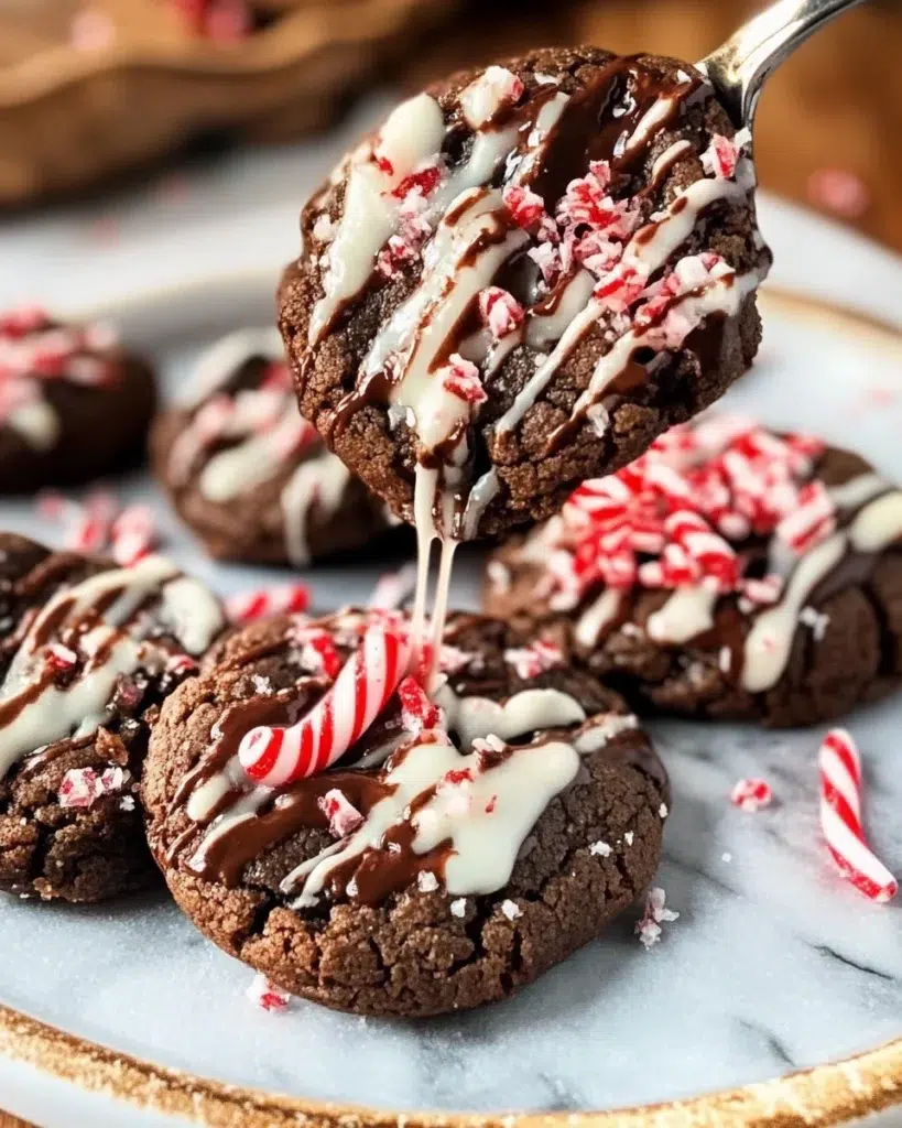 Cozy Christmas table scene with a stack of festive chocolate peppermint cookies on a white plate, candy canes scattered, soft holiday lights in the background.
