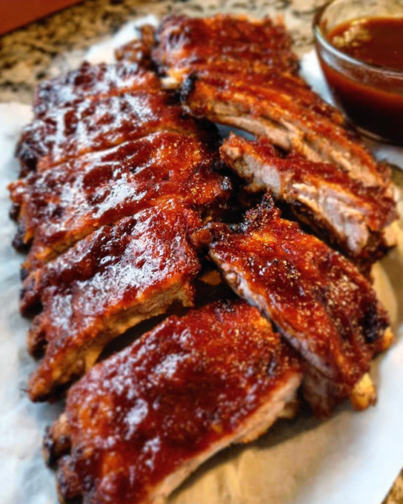 Sticky crockpot ribs glazed with BBQ sauce served on a wooden platter.
