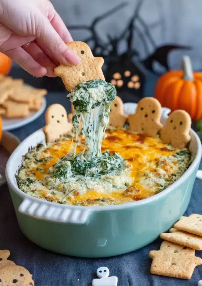 Spooky Graveyard Spinach Dip decorated with tombstone crackers, olives, and parsley