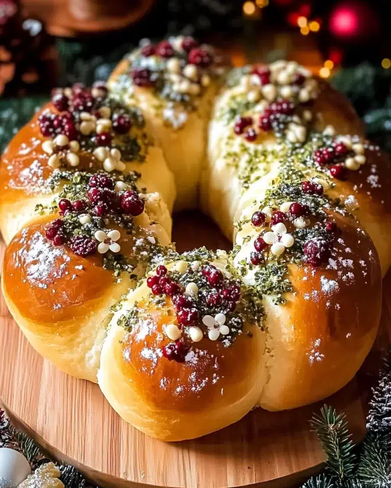 Warm golden Christmas bread loaf with a crunchy glaze on a wooden cutting board.