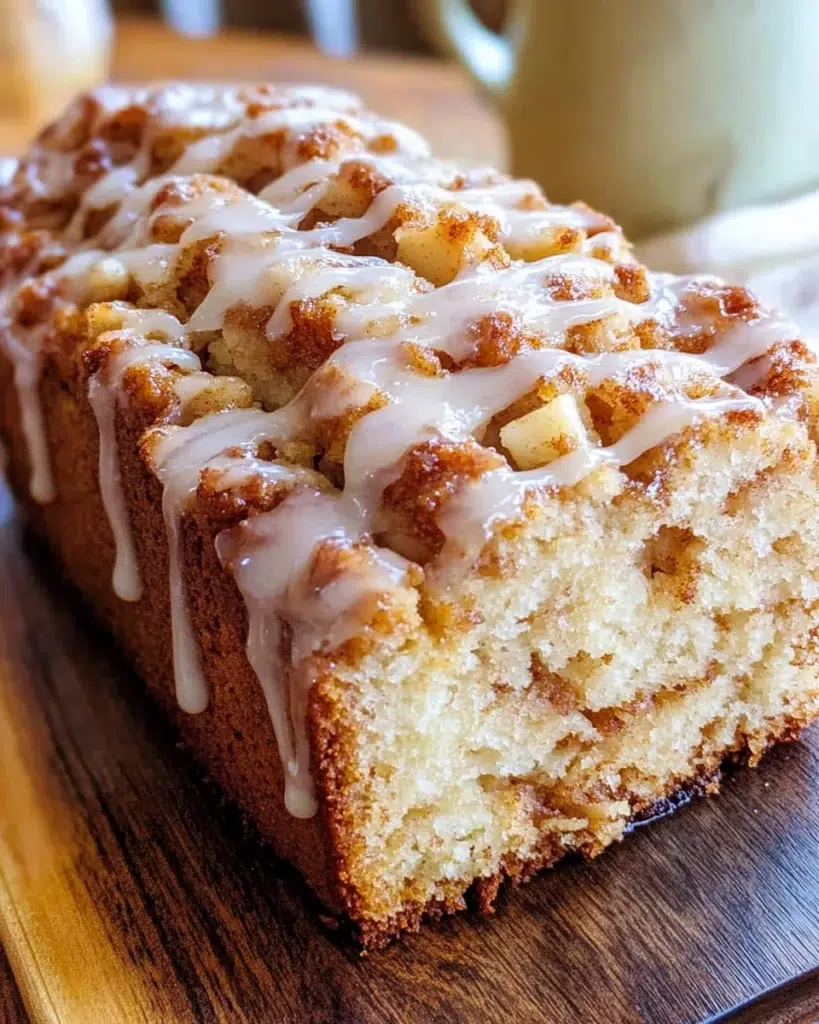 Cozy Harvest Apple Spice Loaf with Crunchy Glaze sliced on rustic wooden board