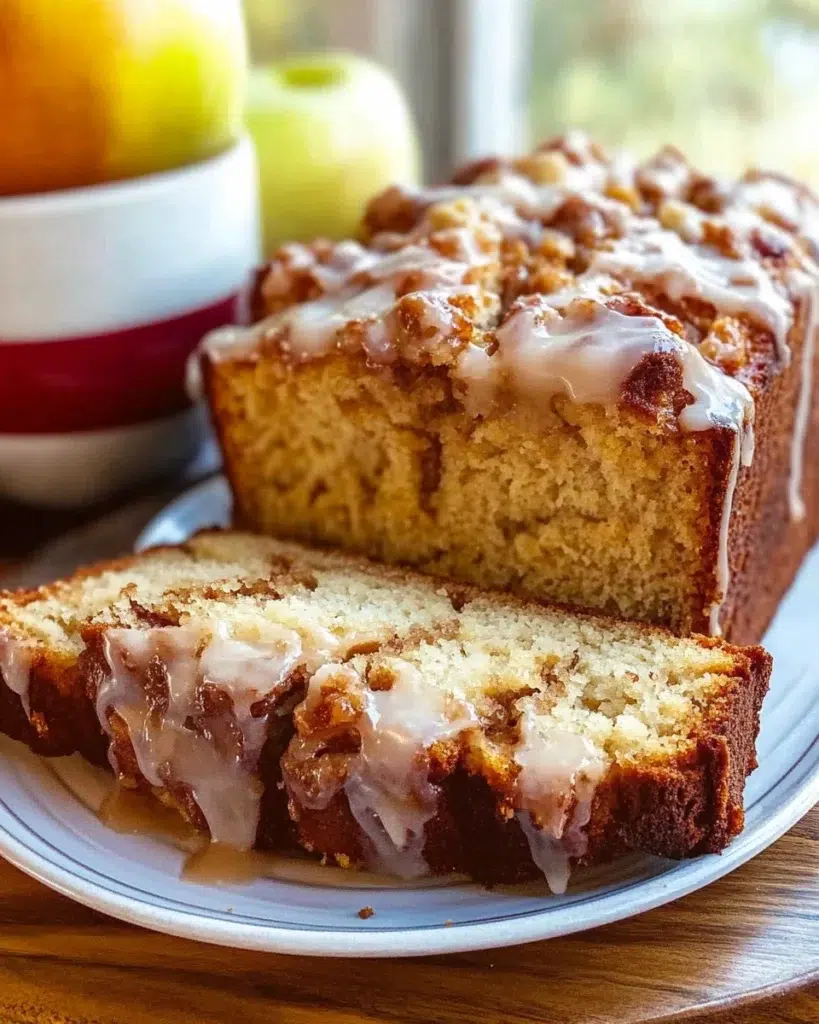 Cozy Harvest Apple Spice Loaf with Crunchy Glaze sliced on rustic wooden board