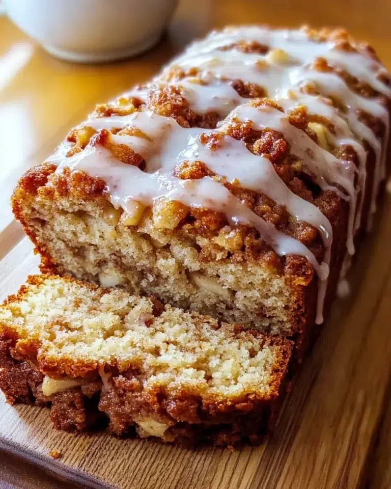 Cozy Harvest Apple Spice Loaf with Crunchy Glaze sliced on rustic wooden board