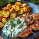Spicy Yogurt Marinated Chicken with Dill Feta Cream & Crispy Baby Potatoes