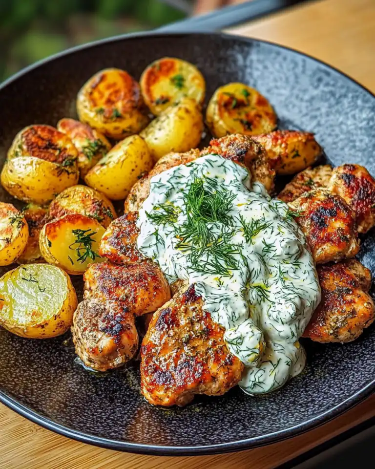 Spicy Yogurt Marinated Chicken with Dill Feta Cream & Crispy Baby Potatoes Spicy Yogurt Marinated Chicken with Dill Feta Cream & Crispy Baby Potatoes